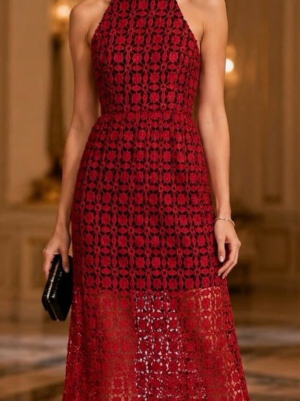 NWOT AQUA Magenta CROCHET Halter Midi Dress, Under Skirt & Lined, Fitted Waist